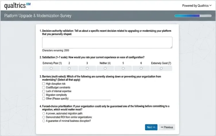 Screenshot of the Platform Upgrade and Modernization Survey questionnaire