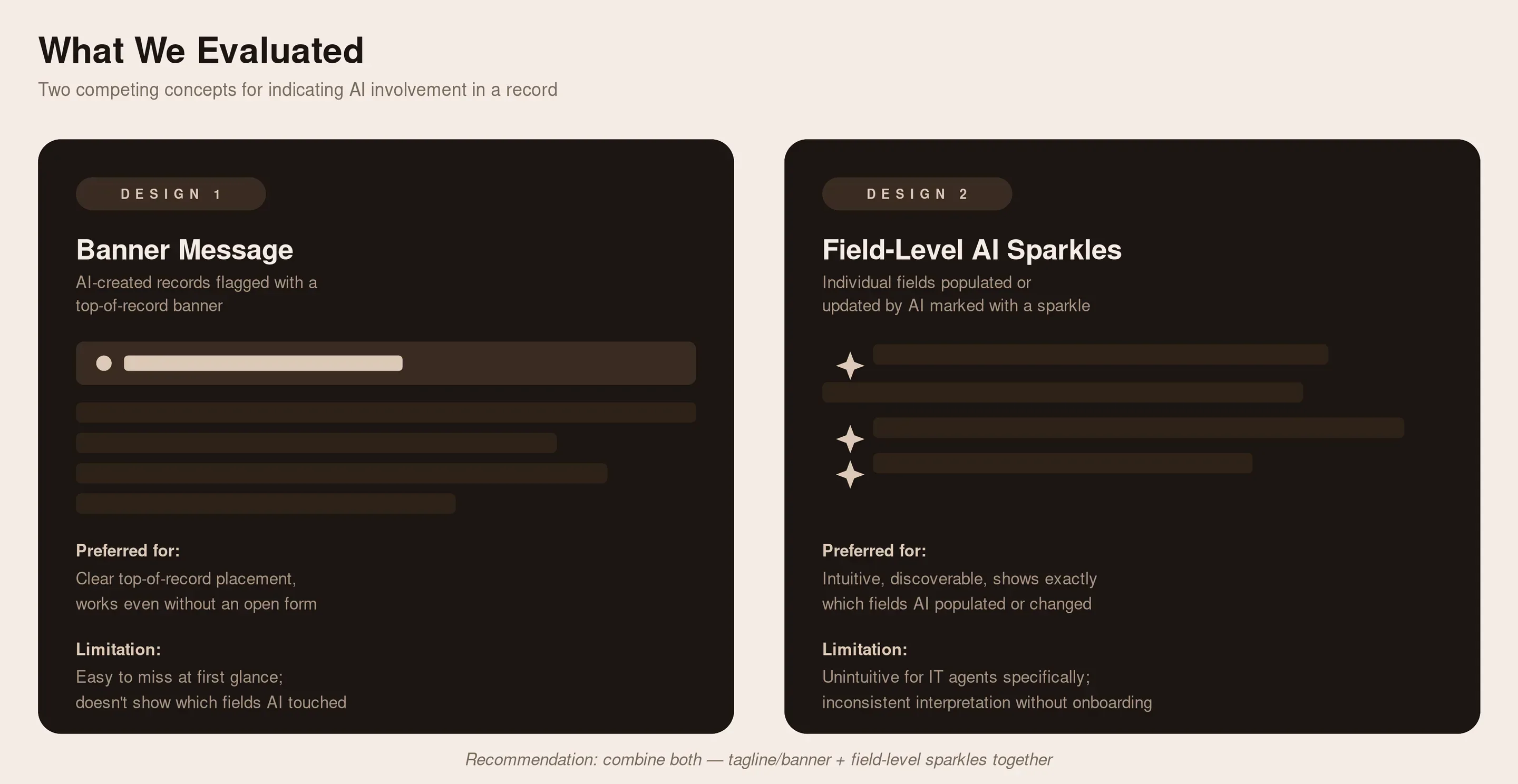 Two competing concepts for indicating AI involvement in a record: banner message vs field-level AI sparkles, with recommendation to combine both