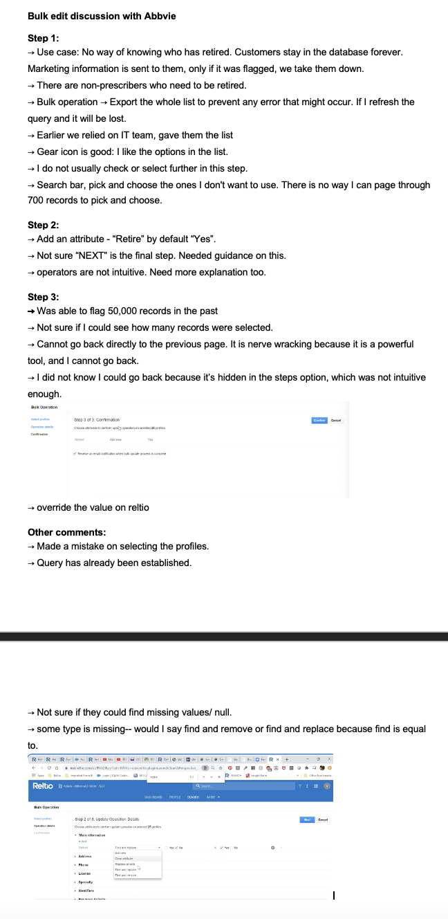 Typed notes from a usability session with Abbvie