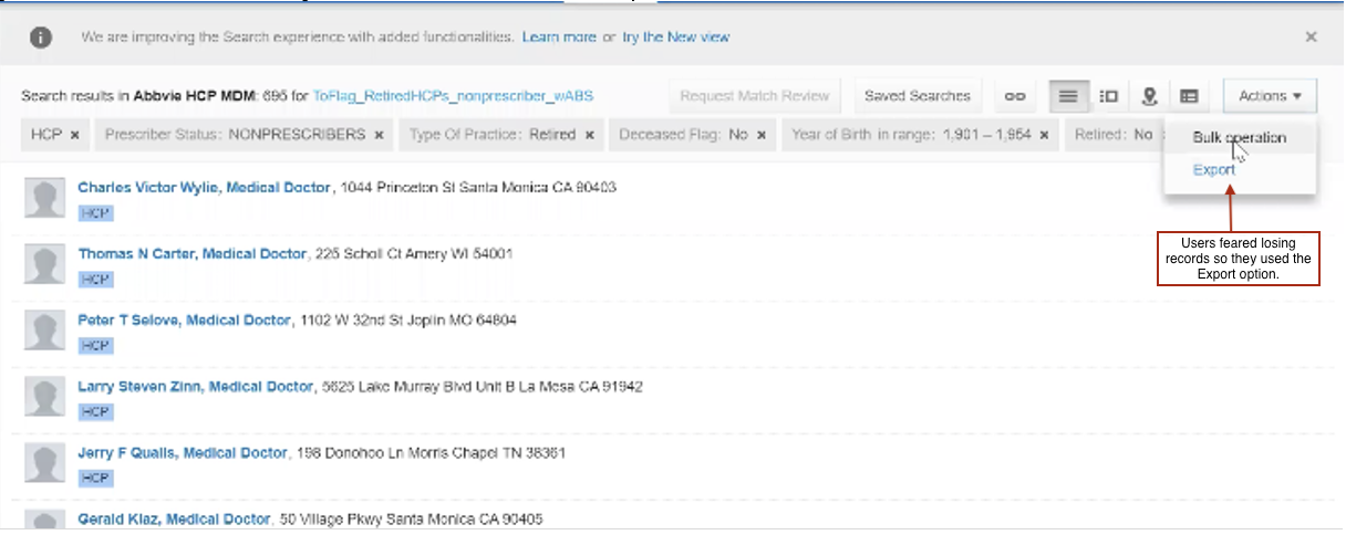 Screenshot of the Reltio Classic Search UI with Bulk action dropdown
