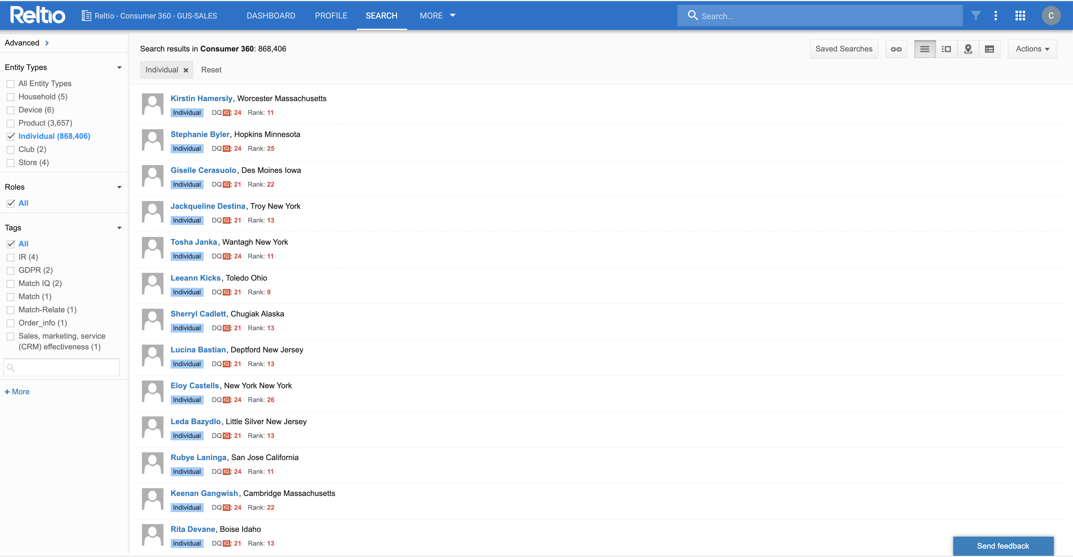 Reltio Search page with HCP search results list