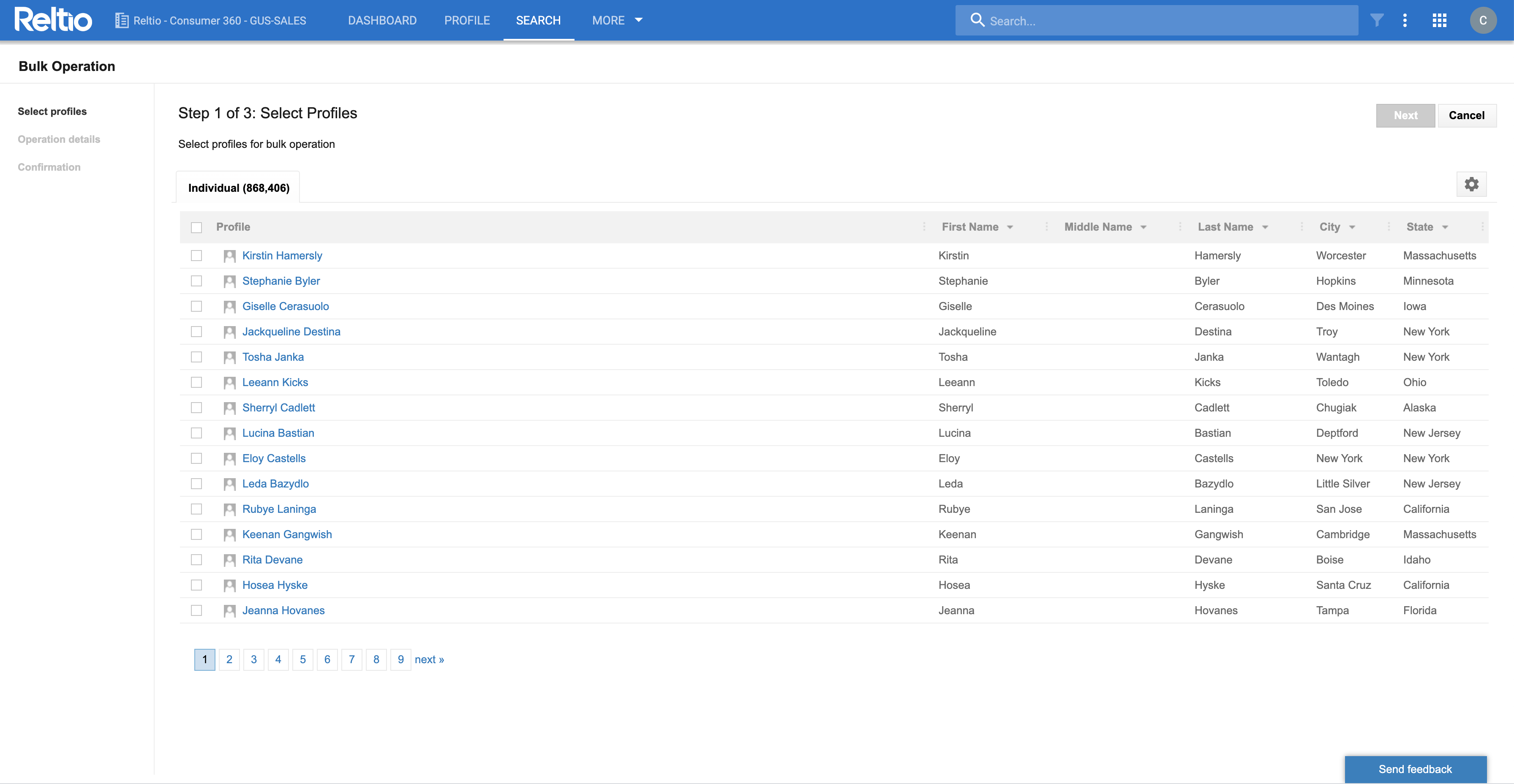 Bulk Operation Step 1 of 3: Select Profiles