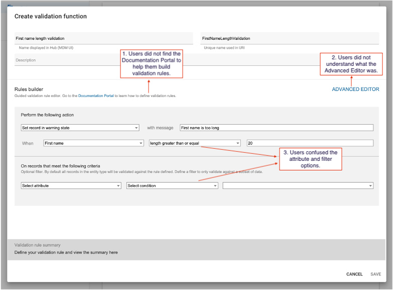 Annotated screenshot of the Create validation function rules-builder UI