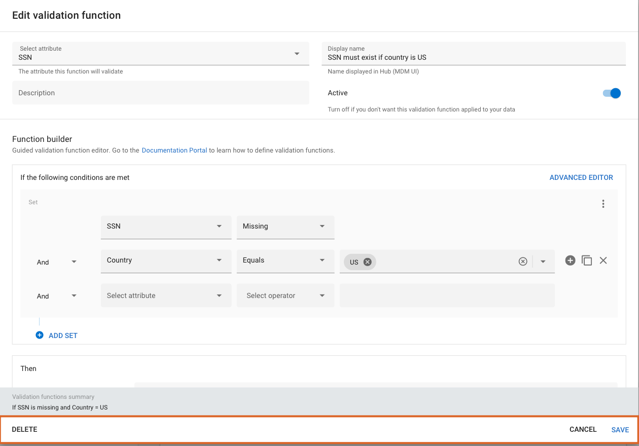 Edit validation function dialog with rule builder rows