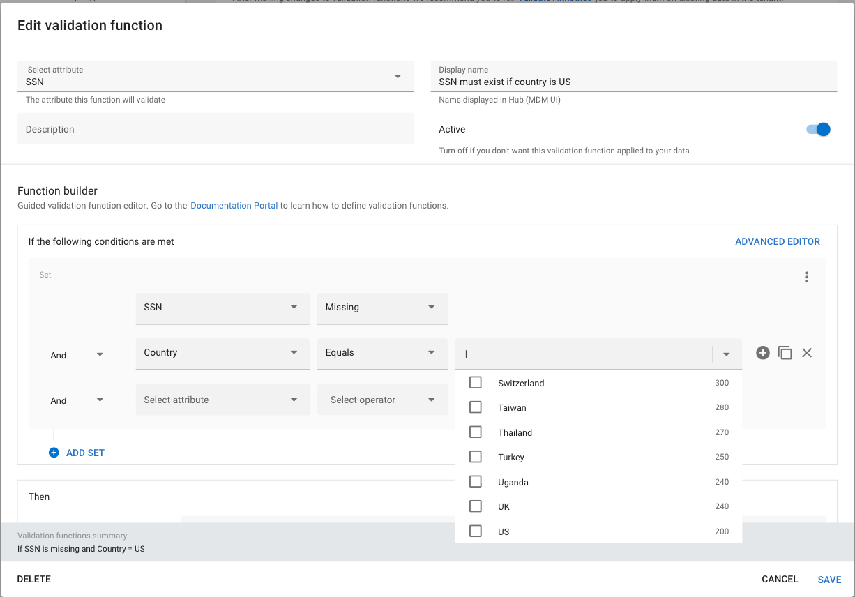 Edit validation function dialog with operator picker dropdown