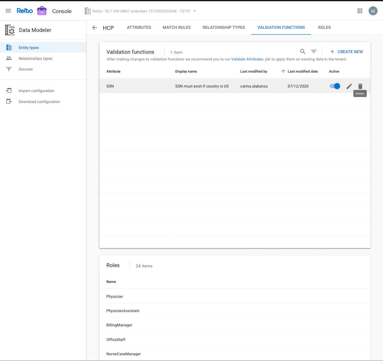 Reltio Console Data Modeler Validation Functions list