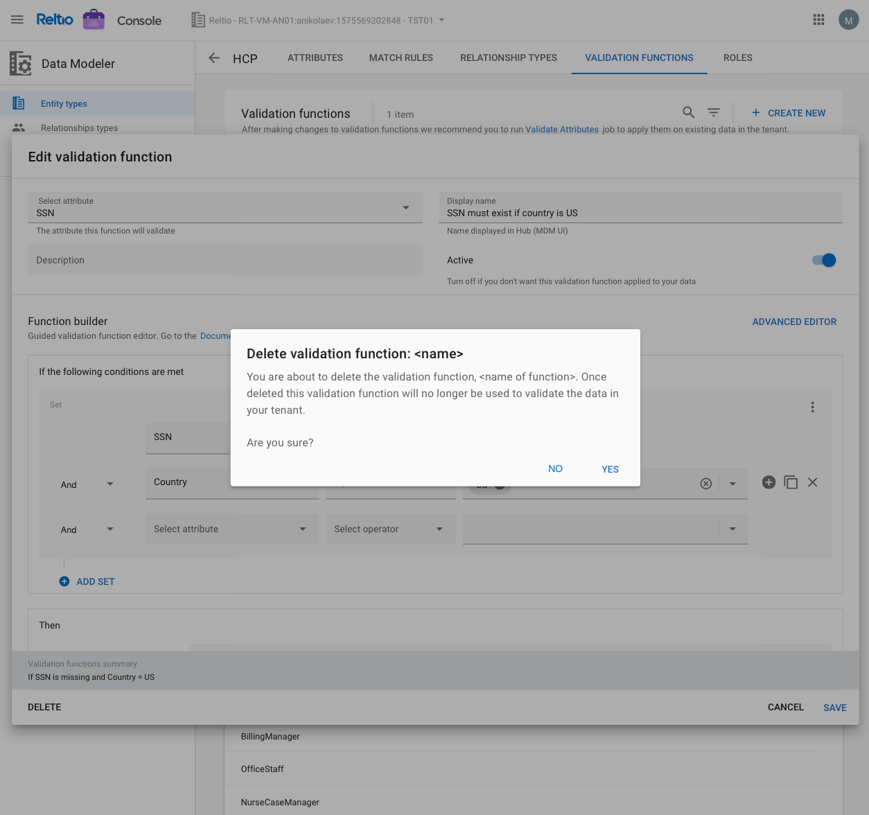 Edit validation function dialog with delete confirmation modal
